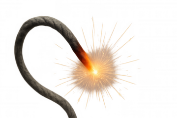 Burning fuse igniting with sparks, symbolizing danger, countdown, and explosive timing on transparent background