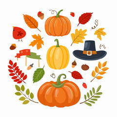 Autumnal Harvest and Thanksgiving Decorations with Pumpkins, Leaves, and Pilgrim Hat