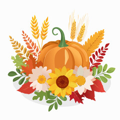 Naklejka premium Autumn Harvest Bounty Arrangement A beautiful illustration featuring a vibrant orange pumpkin, colorful fall leaves, golden wheat, and blooming sunflowers for seasonal designs