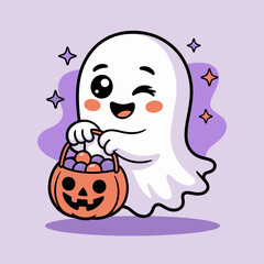 A playful and friendly ghost winks while holding a pumpkin basket filled with colorful candies, embodying the spirit of Halloween and promoting fun and joy during the holiday.