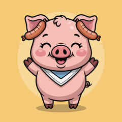 A cheerful cartoon pig wearing sausages as hair accessories joyfully waves its arms, showcasing a delightful and humorous character design bursting with personality and charm.