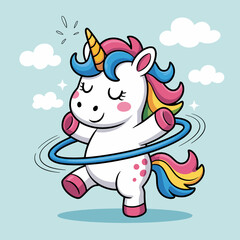 This delightful illustration displays a cheerful unicorn enjoying a hula hoop dance, radiating joy and playfulness with its colorful mane against a bright sky backdrop.