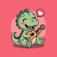 A delightful illustration of a cheerful dinosaur playing guitar, showcasing playfulness and the joy of music with a heart symbolizing love.