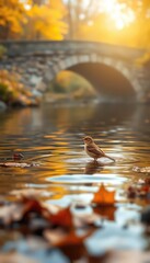 Tiny bird standing in a pond with autumn leaves and a stone bridge behind it in the soft sunlight