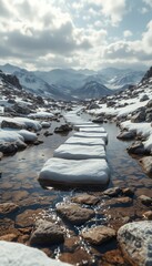Snowy stone path over a river surrounded by rocks and snow-capped mountain peaks under a cloudy sky create a scene of wintry beauty