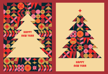 Christmas tree happy new year card with modern abstract geometric vertical design for a4