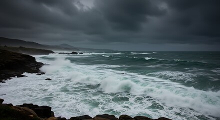 Dramatic seascape with churning waves under a dark stormy sky