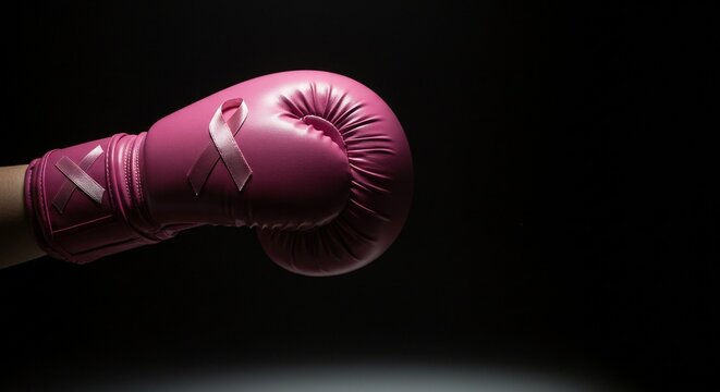 Pink boxing glove with a pink ribbon symbolizing breast cancer awareness, ready to fight and support against the disease. - Pink October - breast cancer