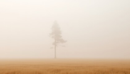 Solitary Evergreen in a Field of Golden Grass, Veiled by a Mysterious and Ethereal Mist