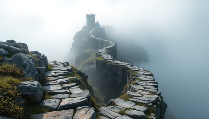 Stone Pathway Leading to Ancient Structure Perched Upon the Misty Mountain Summit, A Rugged and Difficult Route