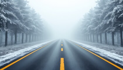 Road to the Unknown A Journey Through a Winter Landscape Shrouded in Mystical Fog