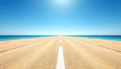 Endless Journey A straight desert road stretches towards the ocean horizon under a clear blue sky, symbolizing freedom and travel