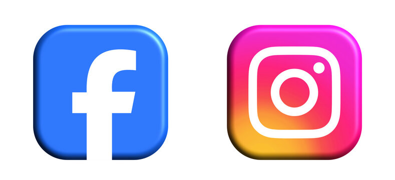 3D square rounded Facebook and Instagram logos with glossy gradient effect, isolated on transparent background, clean and modern design for digital media and branding use.