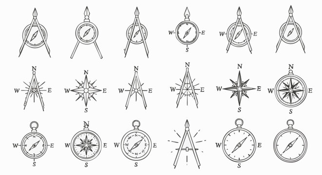 A collection of stylized line art compasses and navigational tools, perfect for designs related to travel, exploration, and direction