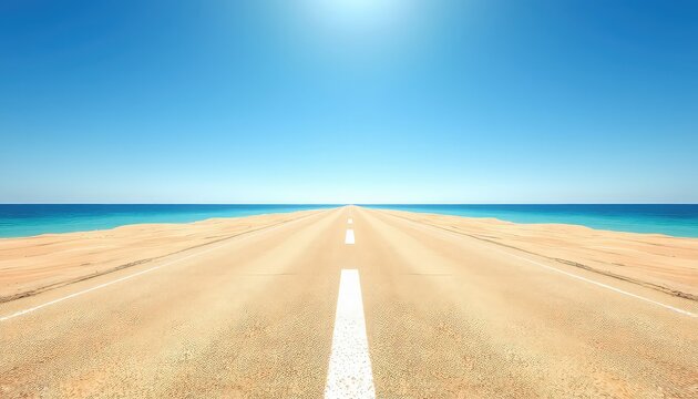 Endless Journey A straight desert road stretches towards the ocean horizon under a clear blue sky, symbolizing freedom and travel - Powered by Adobe