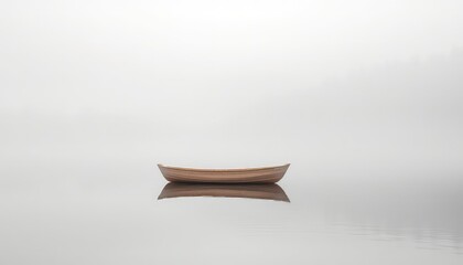 A solitary rowboat sits adrift on still water enveloped in the gentle embrace of morning fog