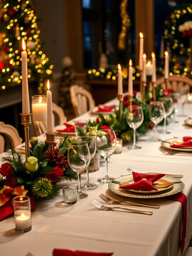 Christmas eve dinner party table setting with decorations