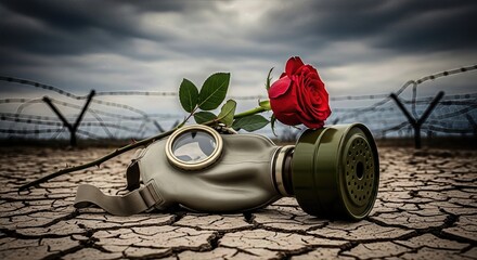 A solemn gas mask rests on dry earth, a vibrant red rose signifying remembrance for humanity's victims of chemical warfare. Barbed wire fences suggest past conflict and sorrow.