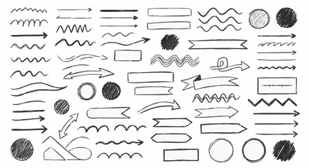 A versatile collection of hand-drawn doodle elements, featuring arrows, lines, circles, and banners