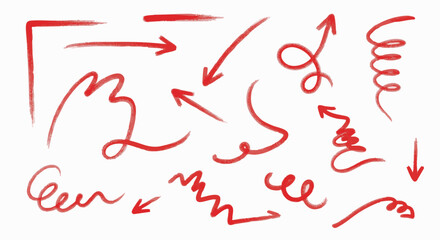 A versatile set of hand-drawn red arrows and lines featuring a brush stroke texture