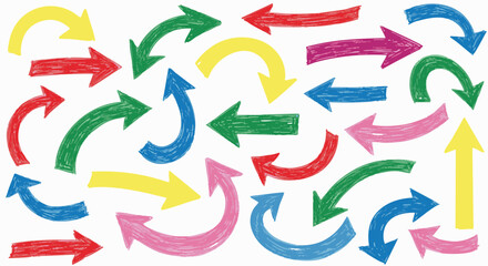 A vibrant collection of colorful, hand-drawn arrows pointing in various directions against a clean white background