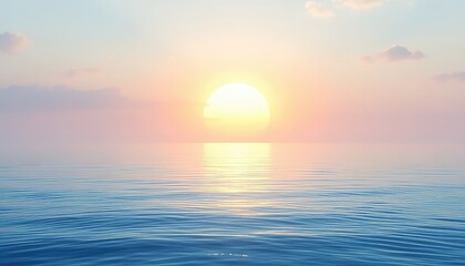 Peaceful sunrise over calm ocean with vibrant orange and pink hues reflecting off the gentle water waves