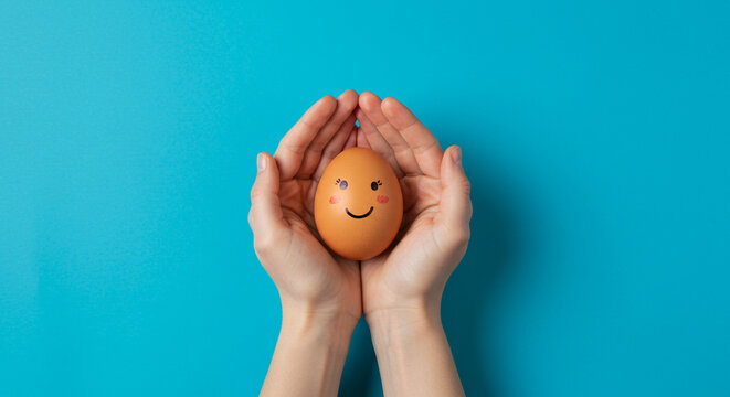 Gentle hands tenderly cradle a happy, smiling egg against a vibrant blue background, beautifully symbolizing care, new life, and joy for inspiring positive themes.