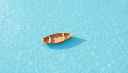 Wooden Rowboat Drifting Gently in Tranquil, Reflective Blue Water, Casting a Shadow on a Serene Aquatic Environment