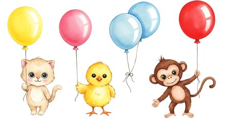 Colorful balloons and cute cartoon animals kitten chick monkey in flight
