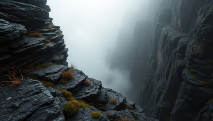 Steep Rocky Ravine Edges Plunging into Fog, Featuring Moss, Low Growing Plants, and a Cool, Gloomy Atmosphere