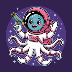 This whimsical image features a cheerful octopus wearing an astronaut suit and holding a colorful ray gun, floating among stars and galaxies in outer space.