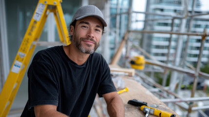 A skilled construction worker poses at a building site, showcasing determination and craftsmanship, surrounded by tools and equipment, embodying hard work and dedication to his trade.