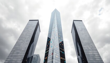 Towering structures reach for the sky under a blanket of clouds, showcasing modern architectural design and towering ambition