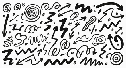 Obraz premium Black and white vector pattern featuring a massive collection of hand-drawn arrows, lines, zigzags, and spiral doodle elements