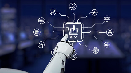 A robotic hand points to digital icons related to e-commerce, symbolizing the future of online shopping technology and interaction in a contemporary workspace. Synapse