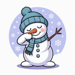 A happy snowman with a blue winter hat and scarf is smiling while holding a carrot, symbolizing winter joy, creativity, and the festive spirit in a whimsical snowy setting.