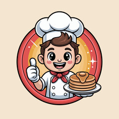 This cheerful illustration of a smiling chef presenting a plate of pancakes captures the essence of happiness in cooking and culinary arts with a vibrant color scheme.