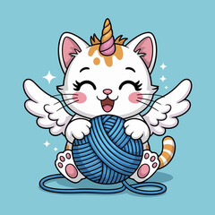This charming cat sports a unicorn horn and wings while joyfully playing with a yarn ball, merging fantasy elements with an inviting, cute aesthetic for cat lovers.