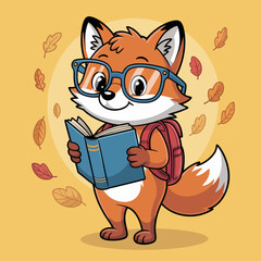 A cute fox wearing glasses happily reading a book with colorful leaves around it, representing the joy of learning, curiosity, and a love for knowledge in a charming design.