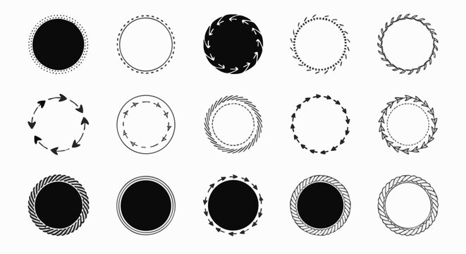 Collection of vector black and white circular frames for design. Variety of styles, from simple dots to arrows, offering versatile design elements