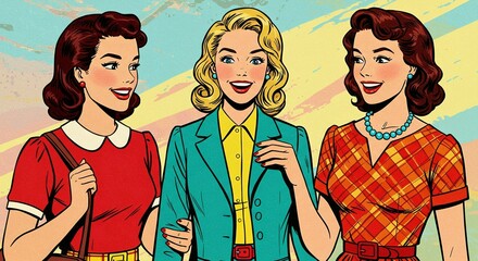 Three stylish women in a retro comic book art style stand together, smiling, against a colorful background, exuding vintage charm.