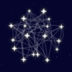 Luminous network of glowing blue nodes connected by bright lines forming constellation pattern against dark space. Futuristic visualization representing technology, connectivity, and data networks.
