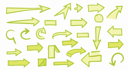 Hand-drawn arrows in various directions and styles are displayed against a white background. The vector graphics are bright green