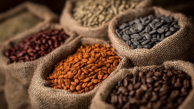 A variety of coffee beans in burlap sacks, showcasing different roasting levels from green to dark brown, representing diverse flavors