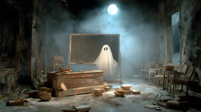 Spooky Halloween Ghost in an Abandoned School Classroom at Night with a Full Moon