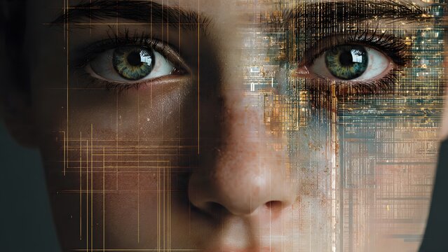 Intricate digital overlay on a womans face, merging organic features with technological elements, suggesting a blend of human and machine in the digital age