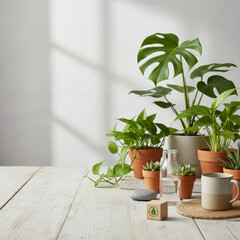 Eco-friendly home decor with various green houseplants and natural elements. Sustainability, nature, and organic lifestyle concept with bright background & copy space