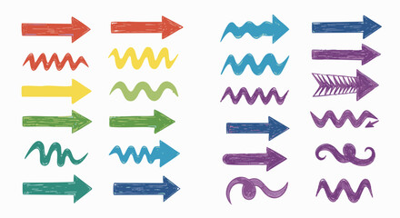 Hand-drawn colorful arrows and wavy elements in a graphic style against a white background