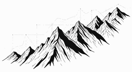 Illustration of mountain range with dot line. The landscape represents upward trends and growth with black and white graphic style