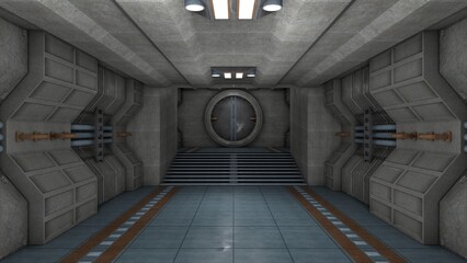 3D rendering of a detailed dark and scary spacecraft corridor with unique style
